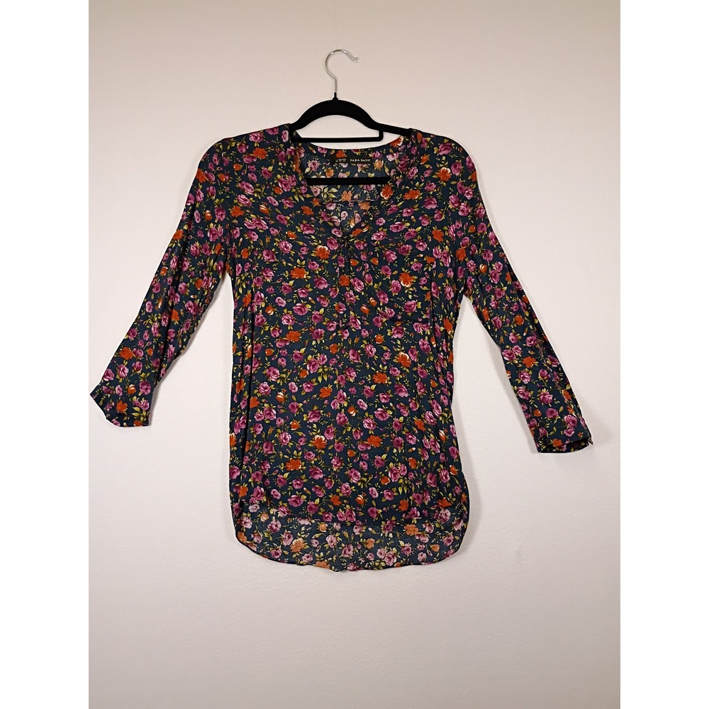 Cottagecore Zara Basic Womens XS Navy Blue Floral 3/4 Sleeve High-Low Blouse